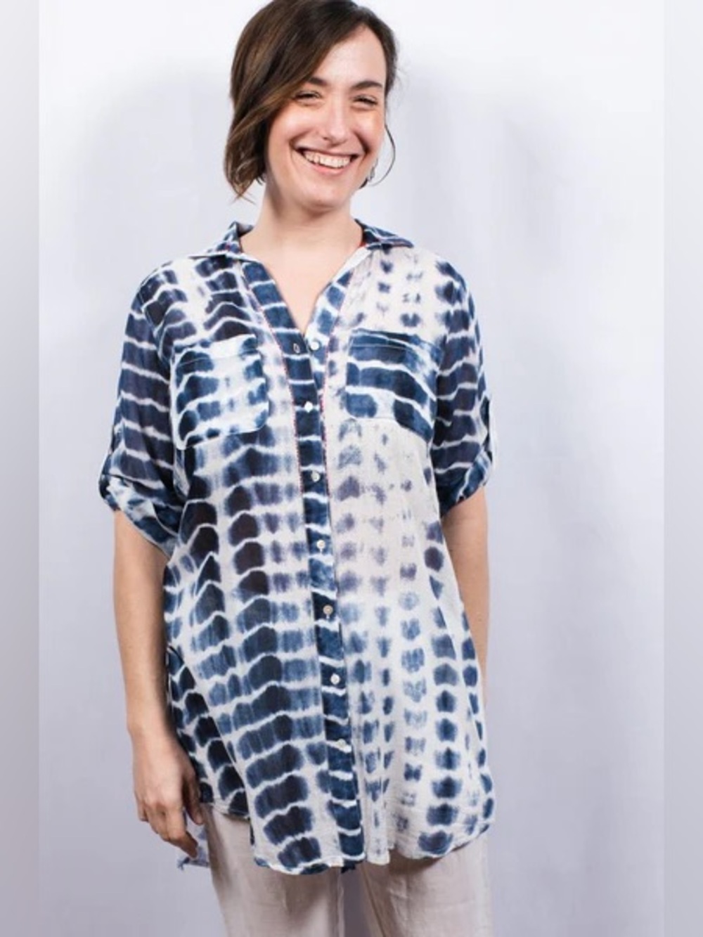 DOLMA Navy Blue and White Shibori Tie-Dye Cotton Button-up Tunic Coverup Large